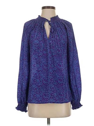 Pre-owned Rungolee Long Sleeve Silk Top Blue Keyhole Neckline Tops