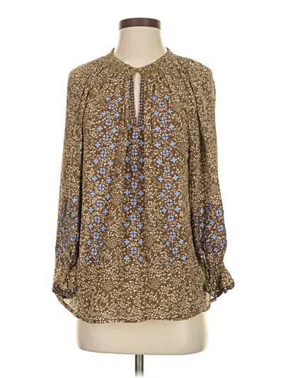 Pre-owned Rungolee Long Sleeve Silk Top Brown Keyhole Neckline Tops