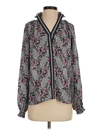 Pre-owned Rungolee Long Sleeve Silk Top Gray Plunge Neckline Tops