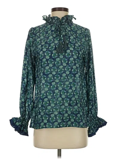 Pre-owned Rungolee Long Sleeve Silk Top Teal Tie Neck Tops