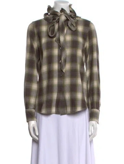 Pre-owned Runway Marc Jacobs Plaid Print Mock Neck Button-up Top In Green