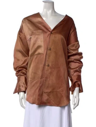 Pre-owned Ruohan V-neck Long Sleeve Top In Brown
