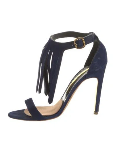 Pre-owned Rupert Sanderson Suede Fringe Trim Accent Sandals In Blue