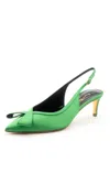 Rupert Sanderson Women's Caprice Satin Heels In Emerald In Gold