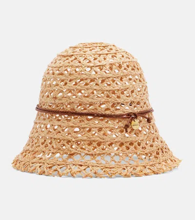 Ruslan Baginskiy Leather-trimmed Straw Bucket Hat In Brown
