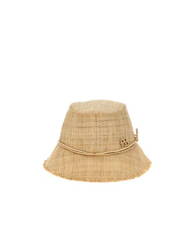 Ruslan Baginskiy Woven Raffia Bucket Hat With Frayed Edge In Beige