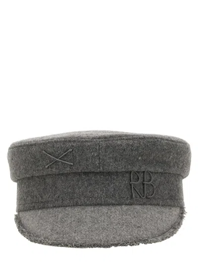 RUSLAN BAGINSKIY STRUCTURED GREY BAKER BOY HAT WITH EMBELLISHED EMBLEM