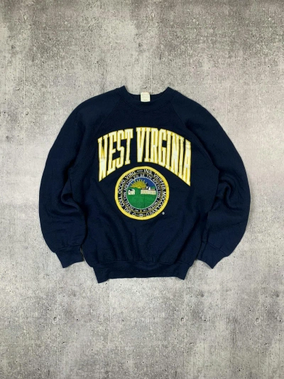 Pre-owned Russell Athletic X Vintage 90's Oversized West Virginia Print Sweatshirt In Blue