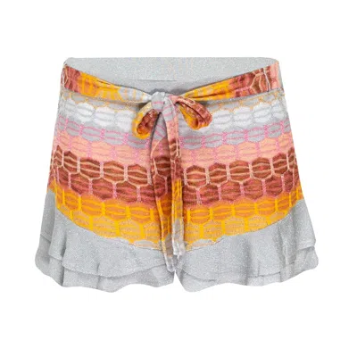 Ruth Erotokritou Striped Frill Shorts In Honeycomb Knit With Tie Belt Silver/red