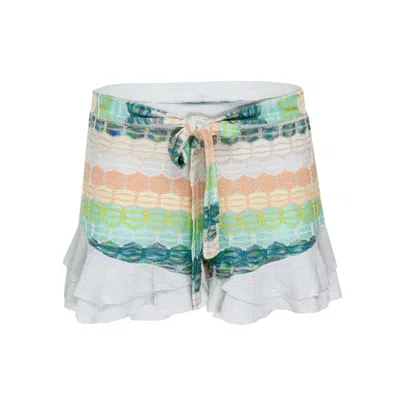 Ruth Erotokritou Striped Frill Shorts In Honeycomb Knit With Tie Belt White/green
