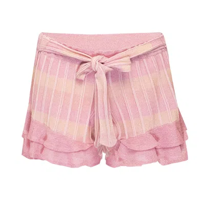 Ruth Erotokritou Striped Frill Shorts In Ribbed Knit With Tie Belt Pink