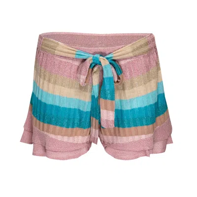 Ruth Erotokritou Striped Frill Shorts With Front Ties In Tuck Stitch Knit Pink/beige