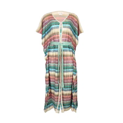 Ruth Erotokritou Striped Maxi Open Kaftan With Belt In Tuck Stitch Knit Multicolor