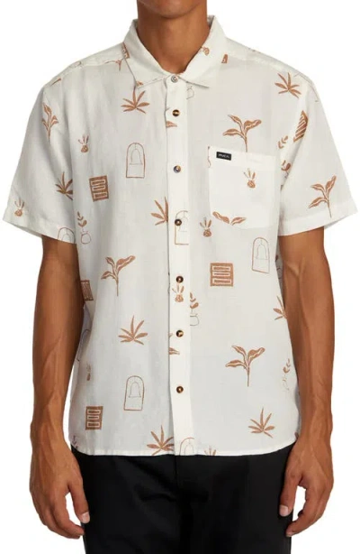 Rvca Artifacts Short Sleeve Linen Blend Button-up Shirt In Ecru