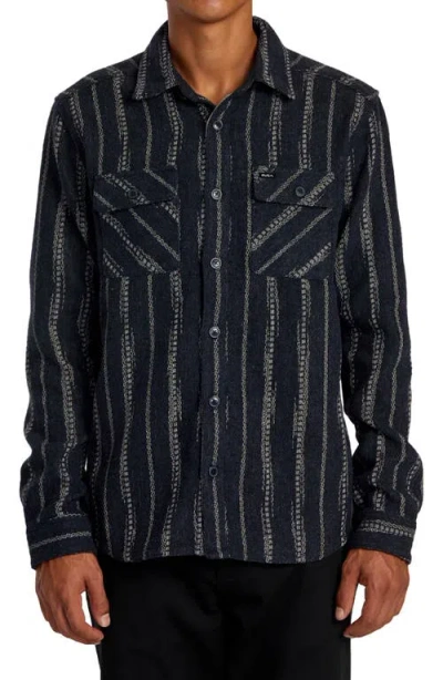 Rvca Blanket Stripe Button-up Overshirt In Indigo