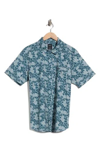 Rvca Botanical Print Short Sleeve Button-up Shirt In Blue