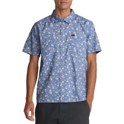Rvca Breezy Floral Short Sleeve Button-up Shirt In Blue