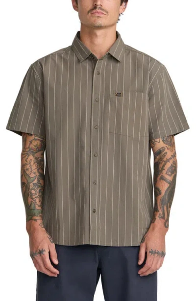 Rvca Dayshift Workwear Stripe Short Sleeve Button-up Shirt In Brown