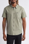Rvca Douglas Solid Short Sleeve Cotton Button-up Shirt In Dusty Green
