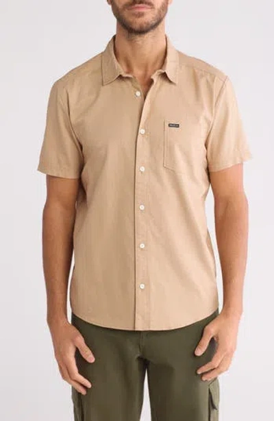 Rvca Douglas Solid Short Sleeve Cotton Button-up Shirt In Faded Brown