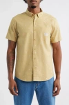 Rvca Exotica Stripe Embroidered Short Sleeve Cotton Button-down Shirt In Yellow