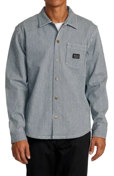 Rvca Hickory Stripe Cotton Overshirt In Blue Hickory