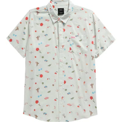 Rvca Kids' Luke Print Short Sleeve Button-up Shirt In Light Blue