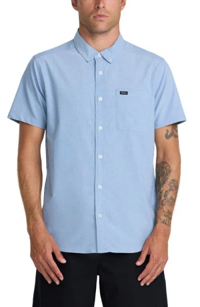 Rvca That'll Do Slim Fit Solid Short Sleeve Button-down Shirt In Blue