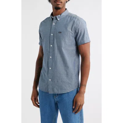 Rvca That'll Do Slim Fit Solid Short Sleeve Cotton Button-down Shirt In Blue