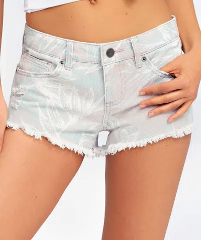 Rvca Tropical Print Distressed Denim Shorts In Washed Grey In White