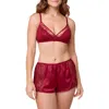 Rya Collection Radiant Sequin Chantilly Lace, Chiffon & Charmeuse Bralette & Shorts Pajamas In Red