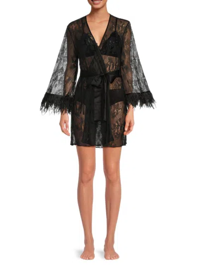 Rya Collection Women's Lace Feather Trim Robe In Black