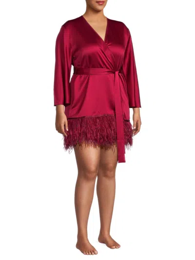 Rya Collection Women's Plus Fringed Hem Belted Satin Robe In Burgundy