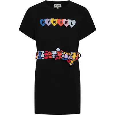 Rykiel Enfant Kids' Black Dress For Girl With Multicolor Belt And Logo