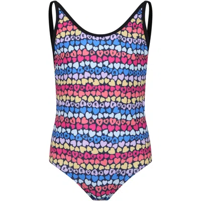 Rykiel Enfant Kids' Multicolor One-piece Swimsuit For Girl With Little Hearts And All-over Multicolor Logo