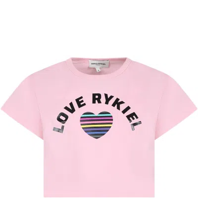 Rykiel Enfant Kids' Pink Crop T-shirt For Girl With Logo And Heart