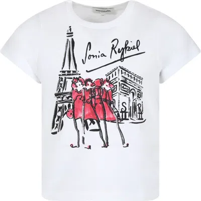 Rykiel Enfant Kids' White T-shirt For Girl With Tour Eiffel Print And Rhinestones In Ivory