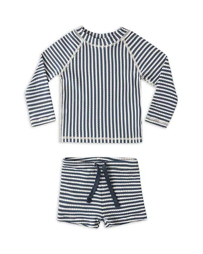 Rylee + Cru Boys' Striped Rash Guard & Swim Shorts Set - Baby In Gray