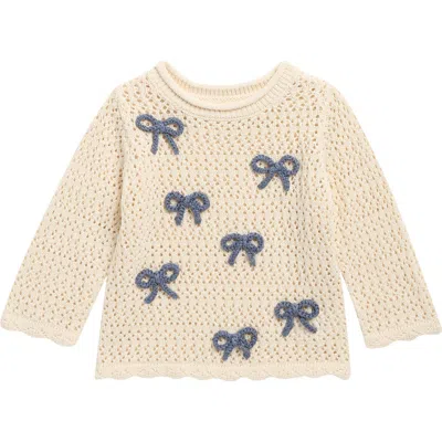 Rylee + Cru Babies'  Braided Bow Appliqué Cotton Pointelle Sweater In Neutral