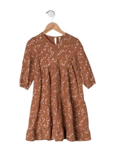 Pre-owned Rylee + Cru Babies' Cotton All Over Print Long Sleeve Dress In Brown