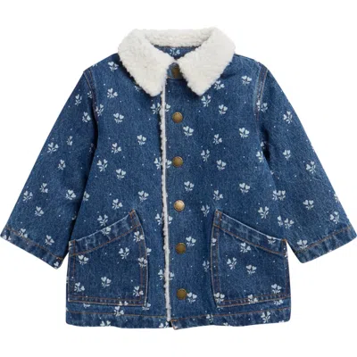 Rylee + Cru Babies'  Heart Ditsy Genuine Shearling Trim Denim Chore Coat In Blue