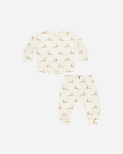 Rylee + Cru Kid's Long Sleeve Reindeer Top And Pant Pajama Set In White Multi