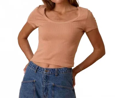 Rylee + Cru Pointelle Scalloped Trim Tee In Grapefruit In Brown