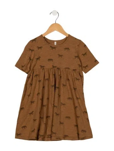 Pre-owned Rylee + Cru Babies' Toddler Girls Pleated Pattern Printed Dress In Brown