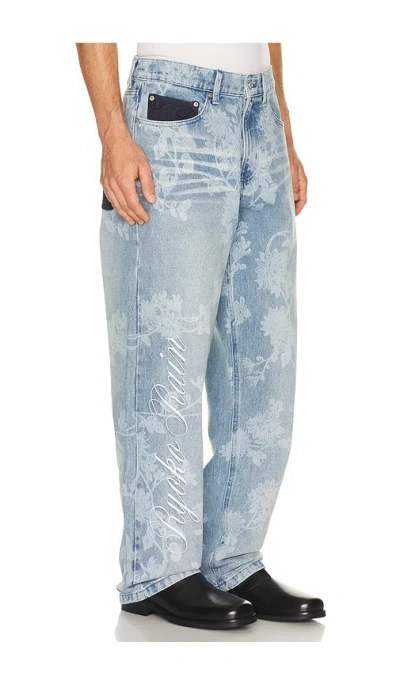 Ryoko Rain Laser Engraved Floral Jeans In Blue