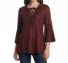 Ryu Lace Detail Faux Suede Top In Burgundy In Burgundy