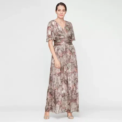 S. L. Fashions Womens Short Sleeve Floral Evening Gown In Brown