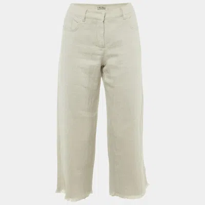 S Max Mara Beige Textured Linen Frayed Hem Trousers In White