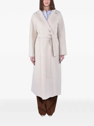's Max Mara Long Robe Coat In Pure Virgin Wool With Matching Belt In Neutral