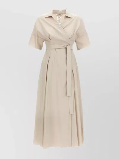 S Max Mara Belted Waist Pleated Skirt Short Sleeves Dress In Beige